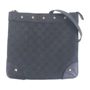 Gucci Studded Black Gold Hardware GG Canvas Leather Shoulder Bag